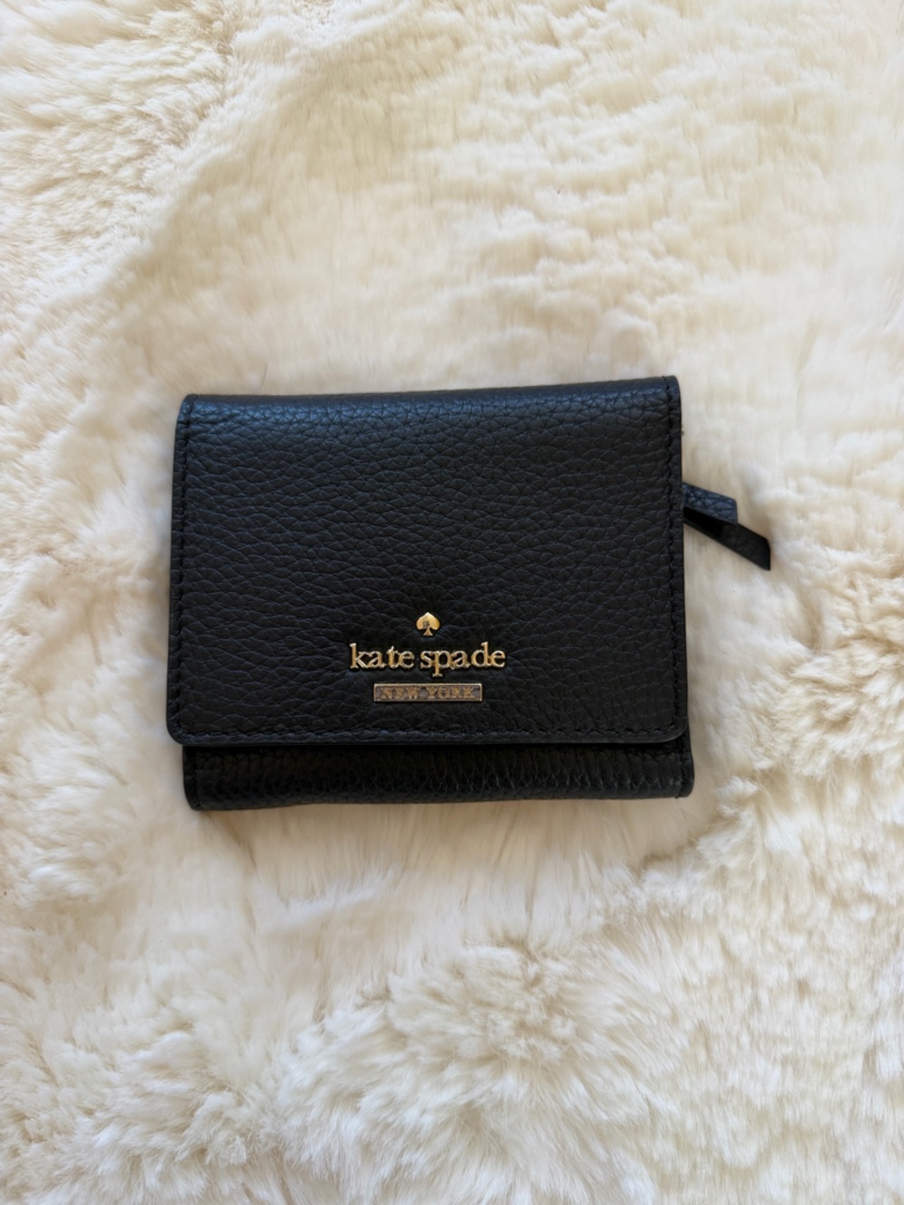 Kate Spade Black Pebbled Leather Trifold Wallet with Gold Logo